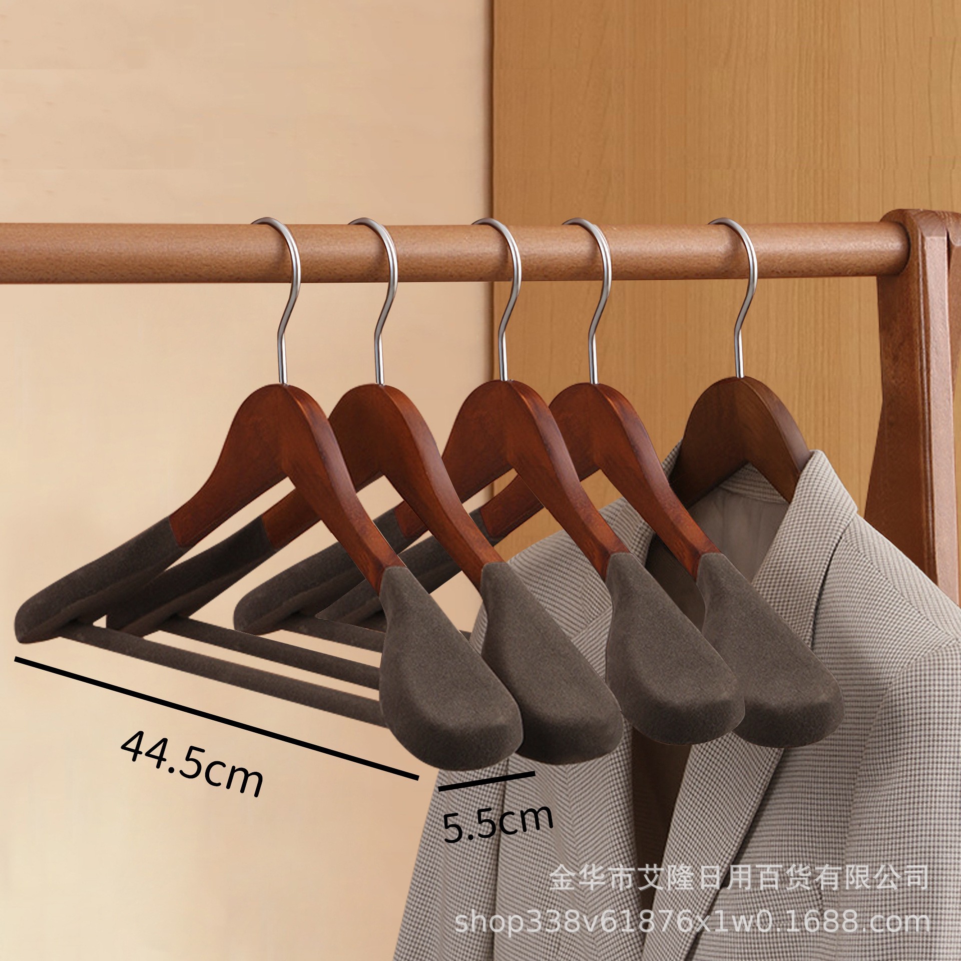 Picture of High-grade solid wood wide shoulder flocking hanger household coat suit seamless hanging clothes support solid wood hanger wholesale