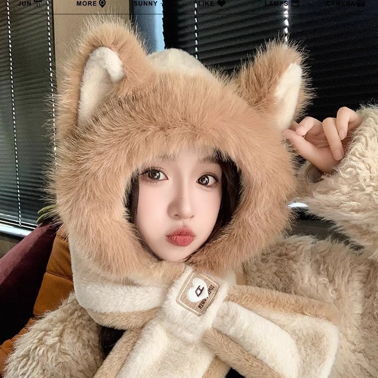 Cute Fox Plush Hat and Scarf All-in-One Women's Winter Thickened Warm Ear Protection Neck Hooded Gloves Three-Piece Set
