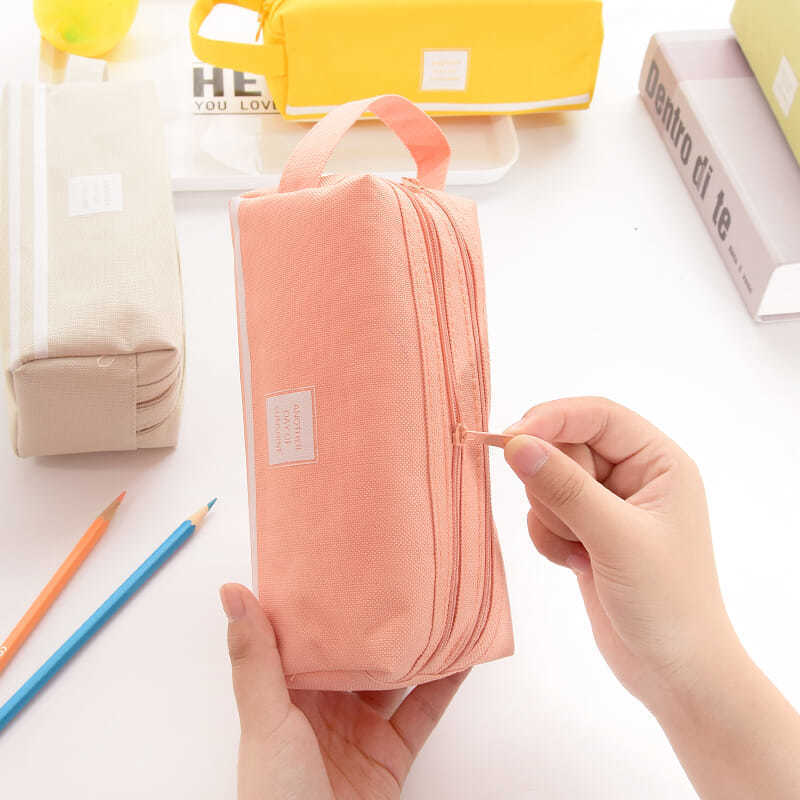 Picture of Portable Stationery Bag Double-layer Oxford Cloth Double-pull Pencil Bag Simple Large Capacity Primary and Secondary School Students Portable Zipper Pencil Bag