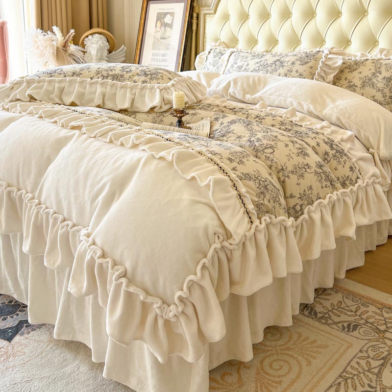 French Retro Winter Thickened Milk Velvet Four-piece Princess Style Double-sided Plush Lace Quilt Cover Coral Fleece Bed Skirt