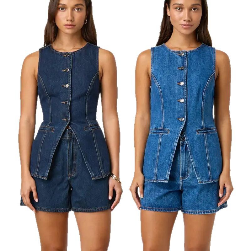 2025 Spring and Summer New Amazon Independent Station European and American Fashion Sleeveless Waist High Waist Loose Denim Shorts Suit
