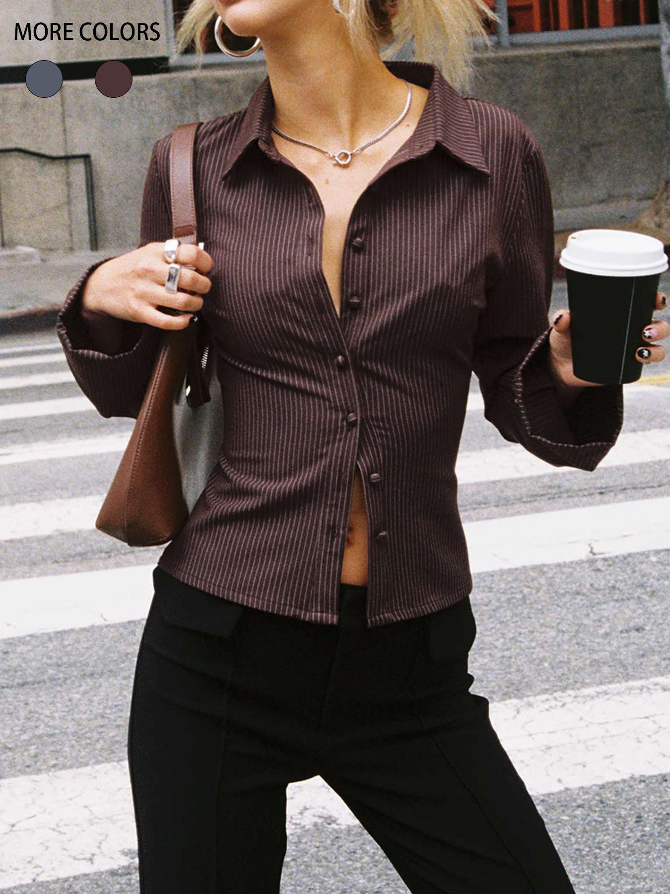 2025 European and American Amazon Women's Striped POLO Collar Button Long Sleeve Blouse Design Sense Top for Women