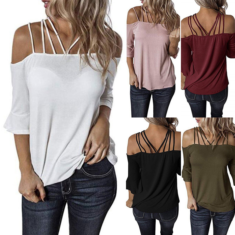 European and American Cross-Border New Amazon Wish Aliexpress Popular One-Shoulder Bell-Sleeved T-Shirt for Women Clearance