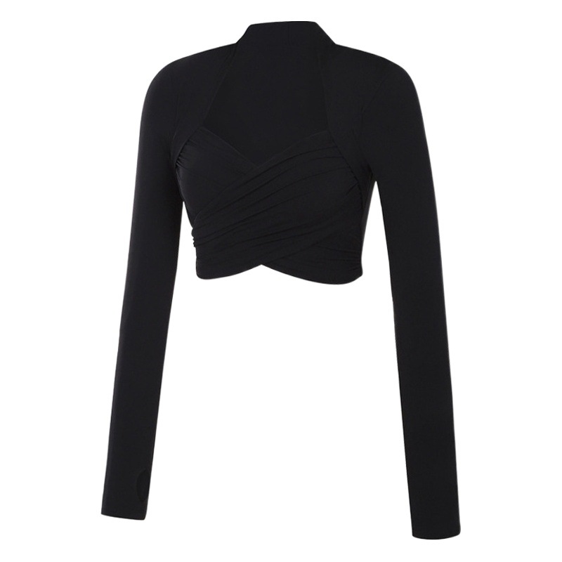 Internet celebrity style sexy cross tight long-sleeved yoga clothes elegant pure desire sports fitness clothes top with chest pad for women