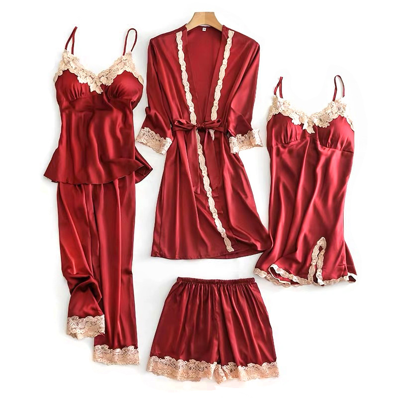 Picture of Spring and Autumn Pajamas Ice Silk Women's Spring and Summer Sexy Pajamas Five-piece Set Satin Nightgown Sling Nightgown with Chest Pad Home Clothes