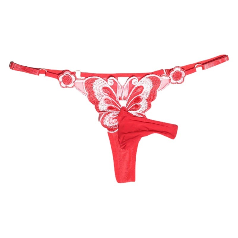 Men's Sexy Thong with jj Butterfly Embroidery Adjustable Fun Low Waist Large Size Bullet Separate Panties