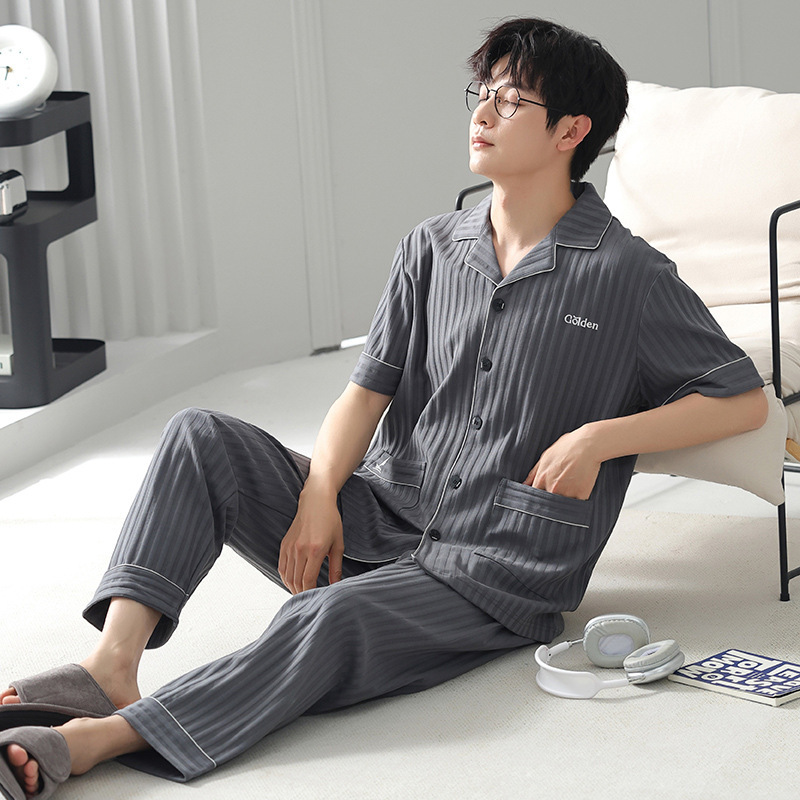 Spring and Summer Cotton Men's Pajamas Thin Short-sleeved Trousers Cardigan plus size Simple Casual Outwear Home Clothes suit