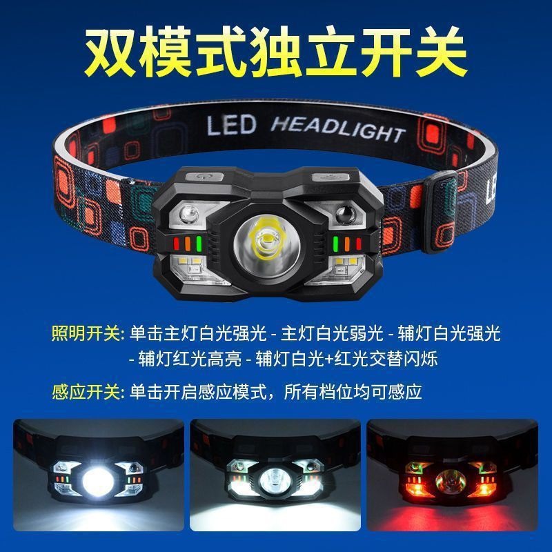 Cross-border explosions strong light induction small headlights red and white side lights long endurance night fishing lights head-mounted outdoor small headlights