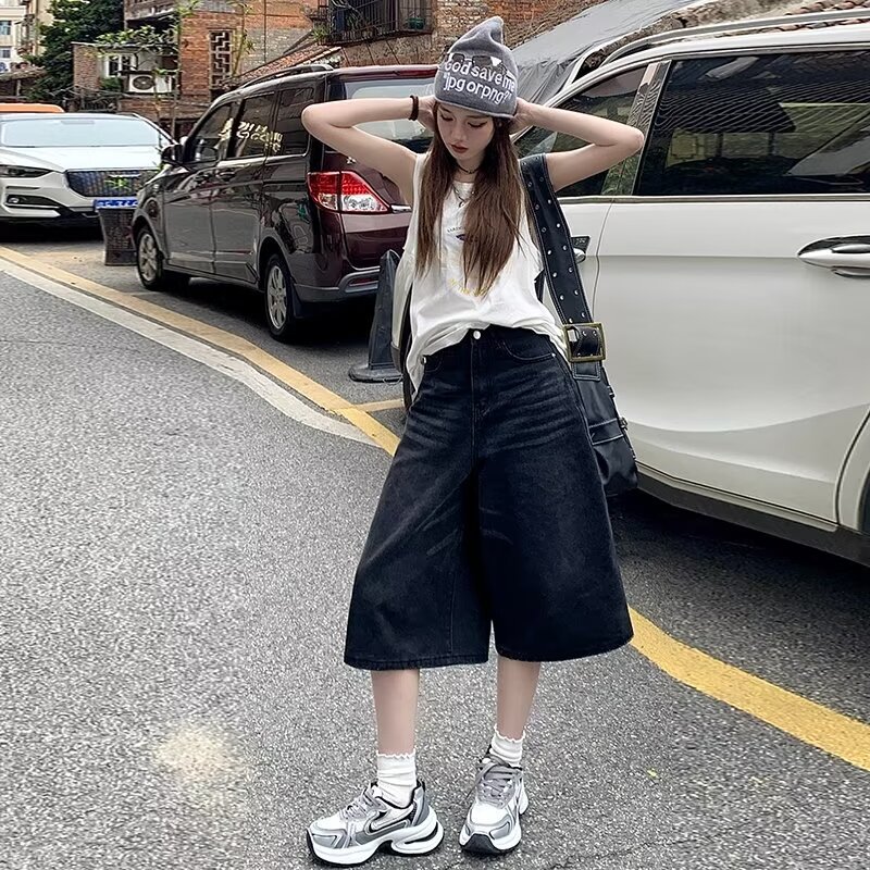 American Cropped Jeans Women's Summer 2024 New High Street High Waist Loose Wide Leg Shorts