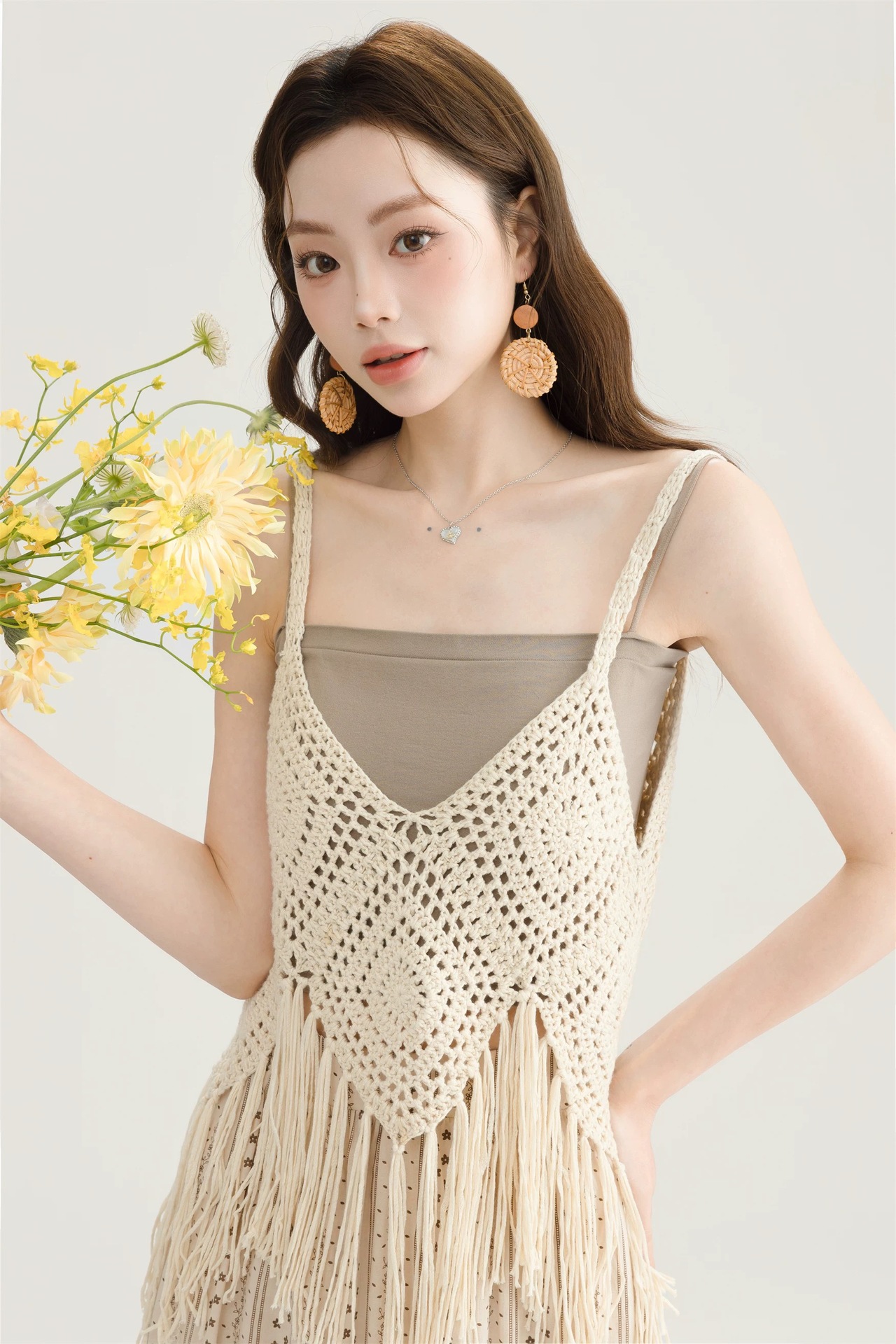 Picture of 2024 Fringed Camisole Women's Summer Thin Hollow Crochet Overwear Sleeveless Top Knitted Blouse