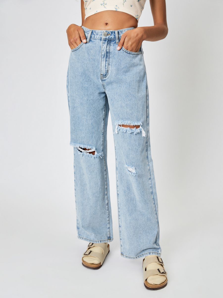 European and American Foreign Trade Cross-border Independent Station Jeans Women WOMEN JEANS Blue Ripped Wash Water Straight Pants Women