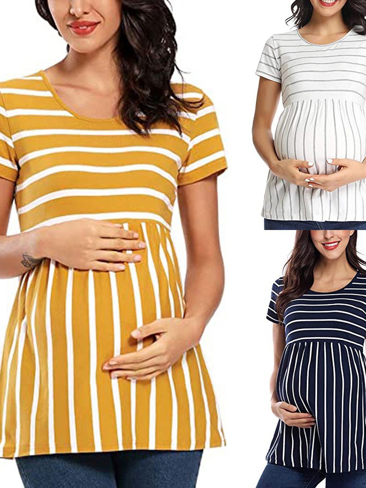 2023 new women's cotton-like digital striped round neck short sleeve European and American women's clothing pregnant women's T-shirt