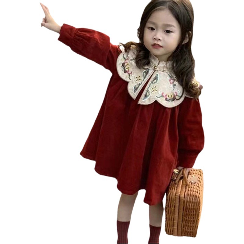 Girls' New Year Chinese style one-year-old dress winter New Western style lace embroidery dress Baby New Year greeting clothes fashion