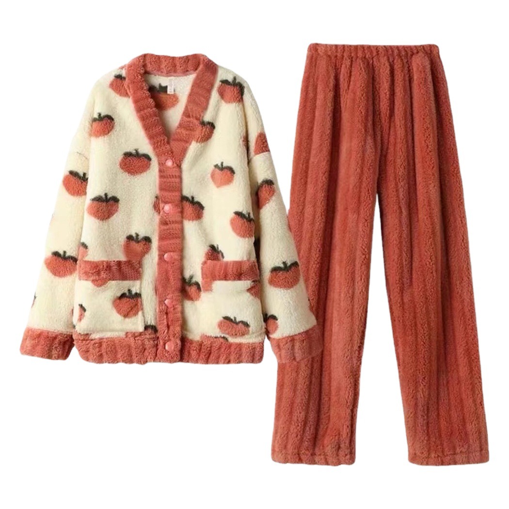 Winter Fleece-Lined Pajamas, Oolong Peach Princess Style, Autumn and Winter Flannel Cardigan Loungewear, Long Plush Thickened for Warmth