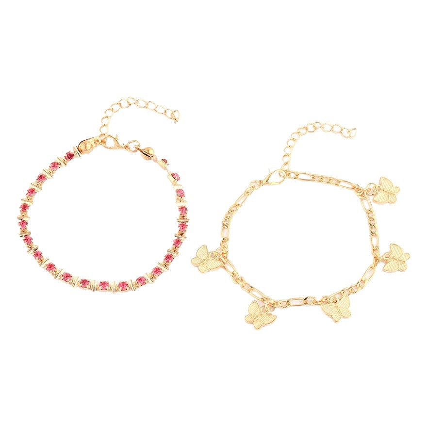 European and American Simple and Sweet Pink Claw Chain Copper Ornaments Butterfly Tassel Foot Ornaments Multi-Layered 2-Piece Set Anklets