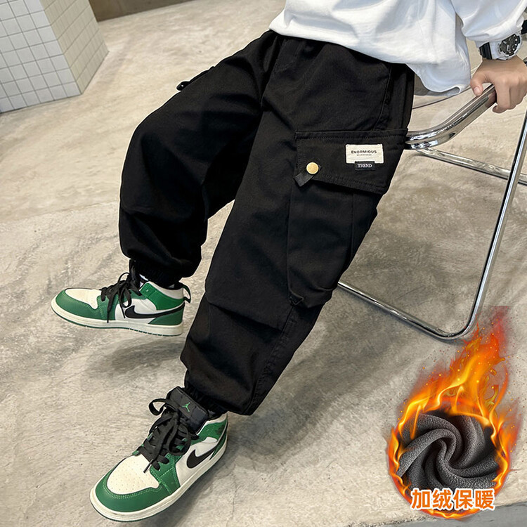 Picture of Boys' fleece-lined thickened pants winter 2024 new children's winter overalls boys' casual pants fashionable trousers