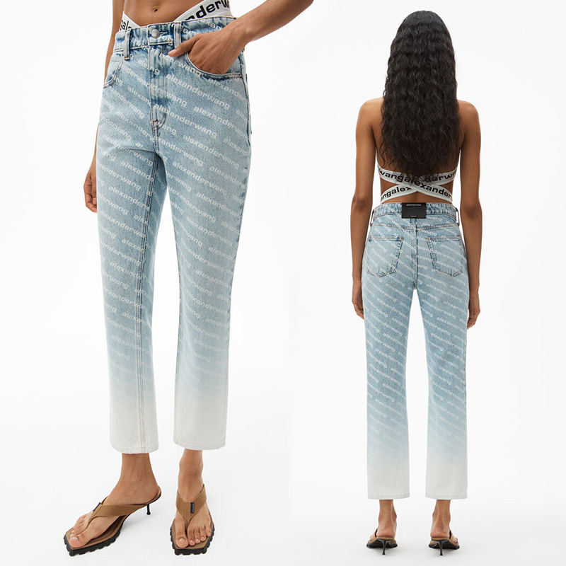 Autumn 2024 New Fashion Printed Letter Gradient Casual Cropped Jeans AW light blue Gradient Straight Leg Pants for Women