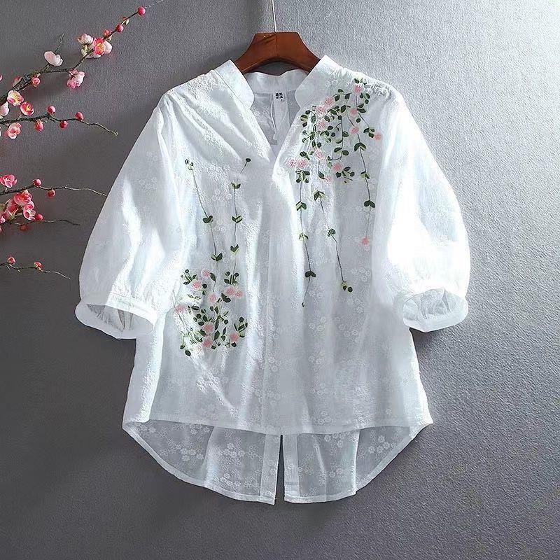 Picture of Fashion Literary Style Pastoral Style Embroidery Flower Lace Cotton Design Sense Front Short Back Long V-neck Shirt Women's Top for Summer