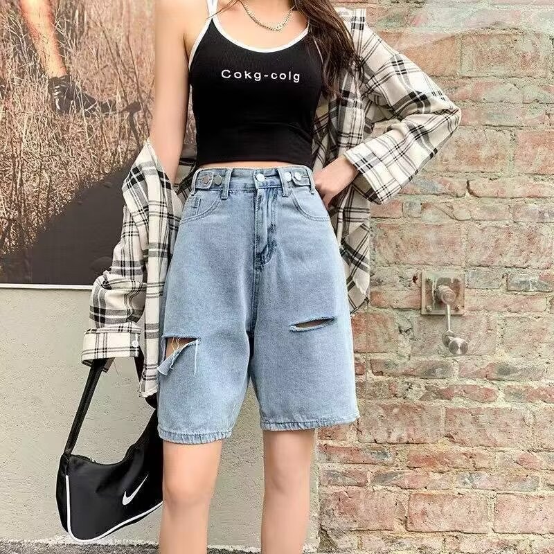 Ripped Denim Shorts Women's Autumn 2024 New Loose Straight Five-point Pants High Waist Casual Wide Leg Trendy Mid-length Pants