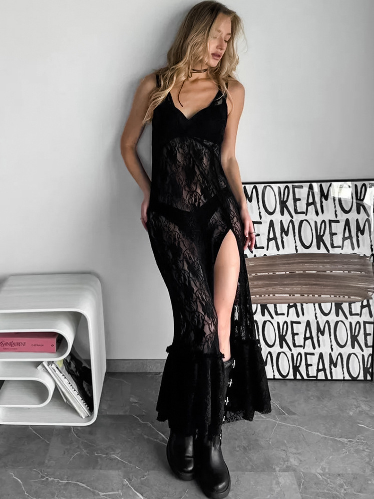 Cross-border 2025 European and American sexy black brocade lace suspenders long dress fashion stitching hollow perspective dress
