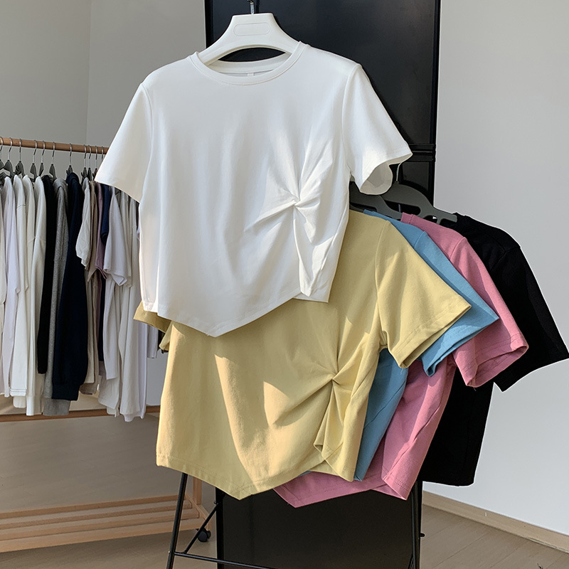 Irregular Short-Sleeved T-Shirt for Women 2025 New Summer Scheming Design Niche Half-Sleeved High-Waisted Short Top
