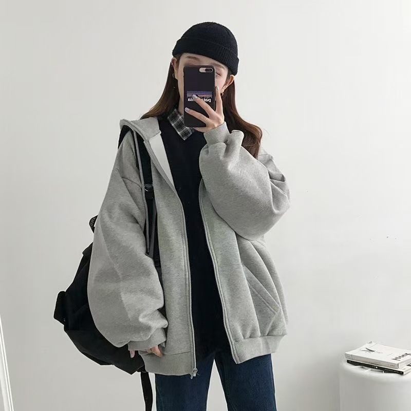 Picture of Trendy gray hooded women's sweatshirt 2025 season new fleece American retro niche casual trend jacket trend