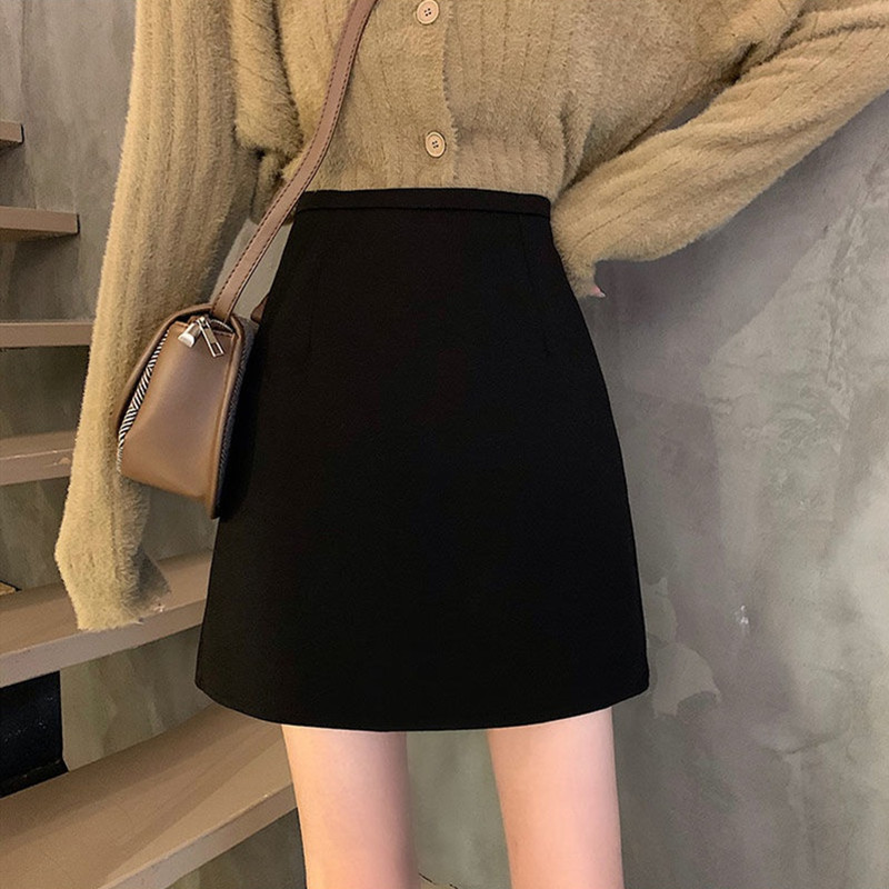 2023 New Deerskin Fleece Skirt Black High Waist Slim Hidden Meat Short Skirt Autumn and Winter Student One-Step Skirt