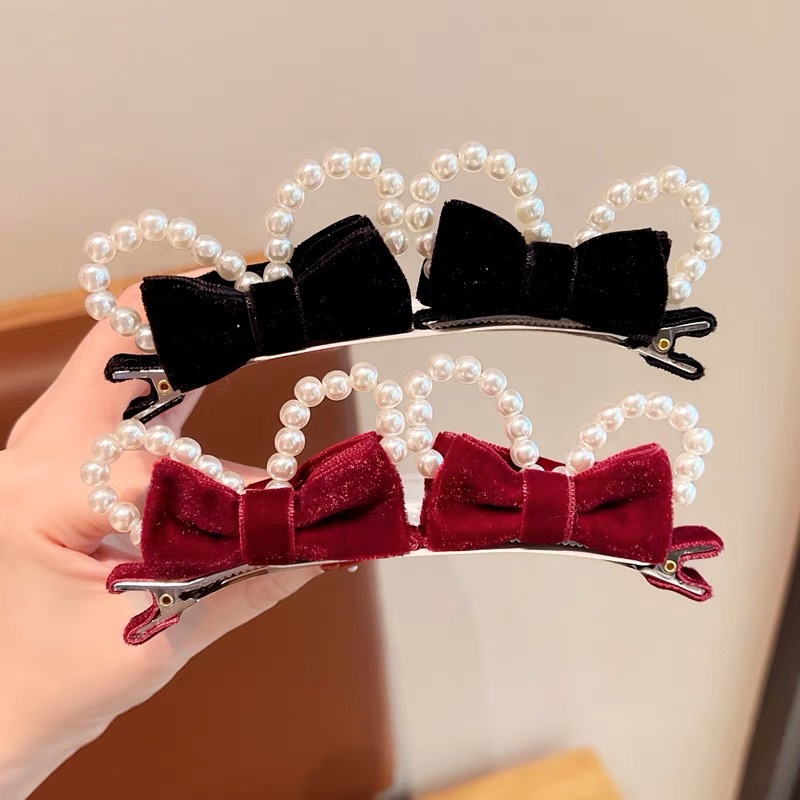 Children's Hair Clip Bow Red Three-dimensional Hair Clip Headwear Little Girl Pearl Clip Cute Baby New Year Hair Accessories