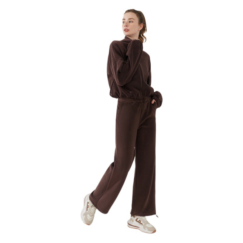 Austrian grain fleece zipper stand collar sweater two-piece women's autumn and winter thick warm sports top pants casual suit