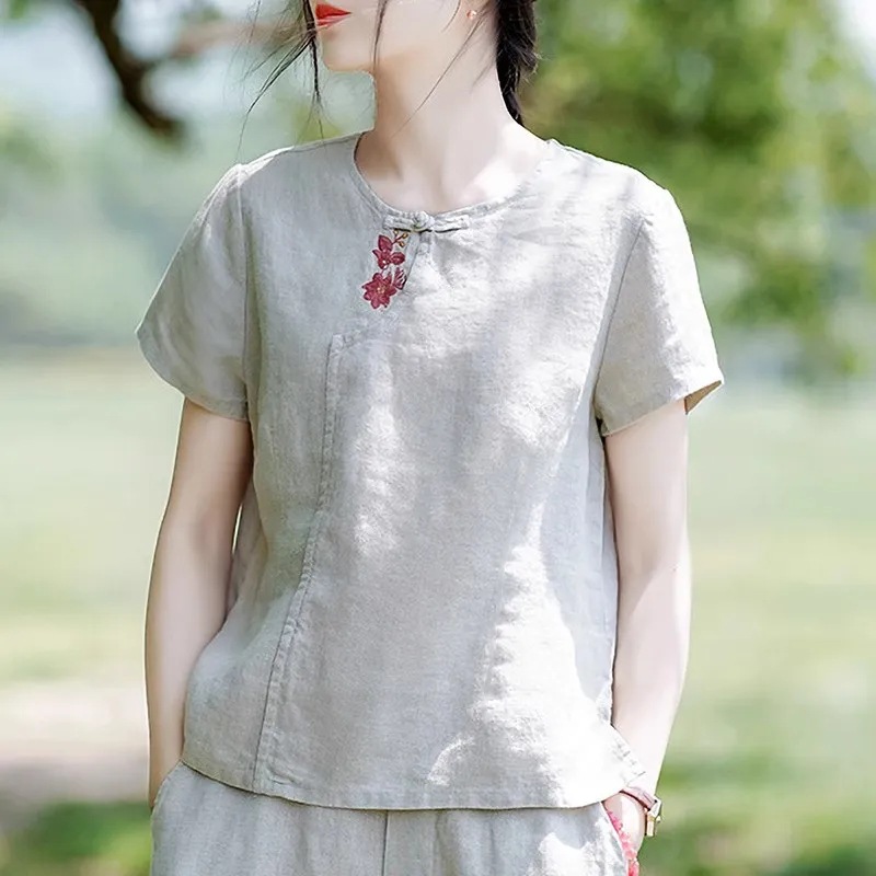 Women's Summer 2024 New Cotton and Linen Chinese Style National Style Short Sleeve T-shirt Retro Loose plus size Casual Short Shirt