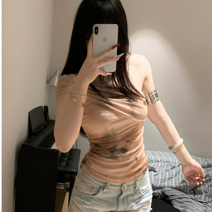 Pure Desire Design Strapless Top Mesh One-Shoulder Camisole for Women Spring/Summer Vintage Slim Fit American Style Print
