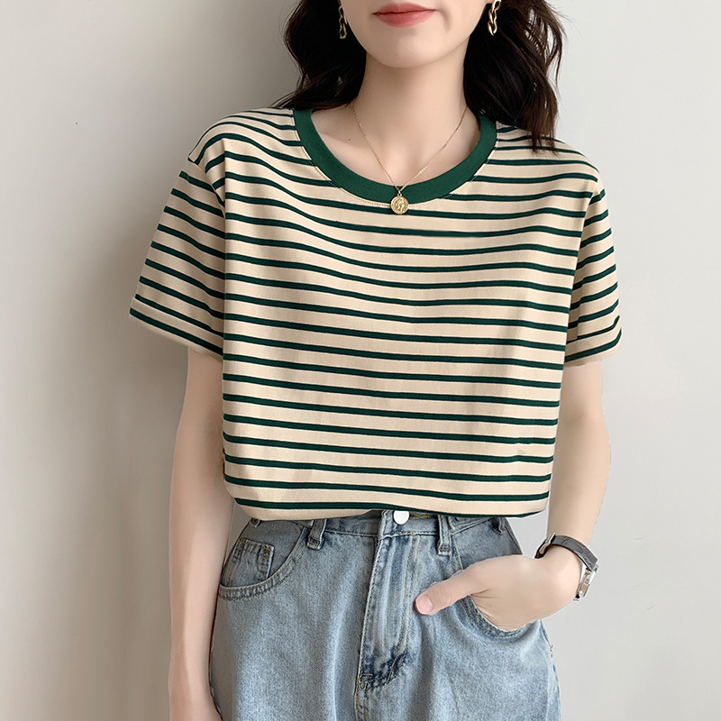 Color-Blocked Versatile Round-Neck Top 2024 New Summer Retro Striped Slim-Fit Short-Sleeve T-Shirt for Women