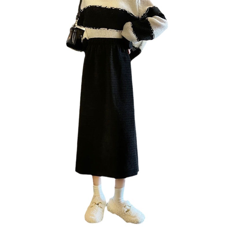 Retro Hong Kong style core velvet skirt autumn and winter A- line skirt high waist meat covering mid-length back slit solid color over-the-knee skirt