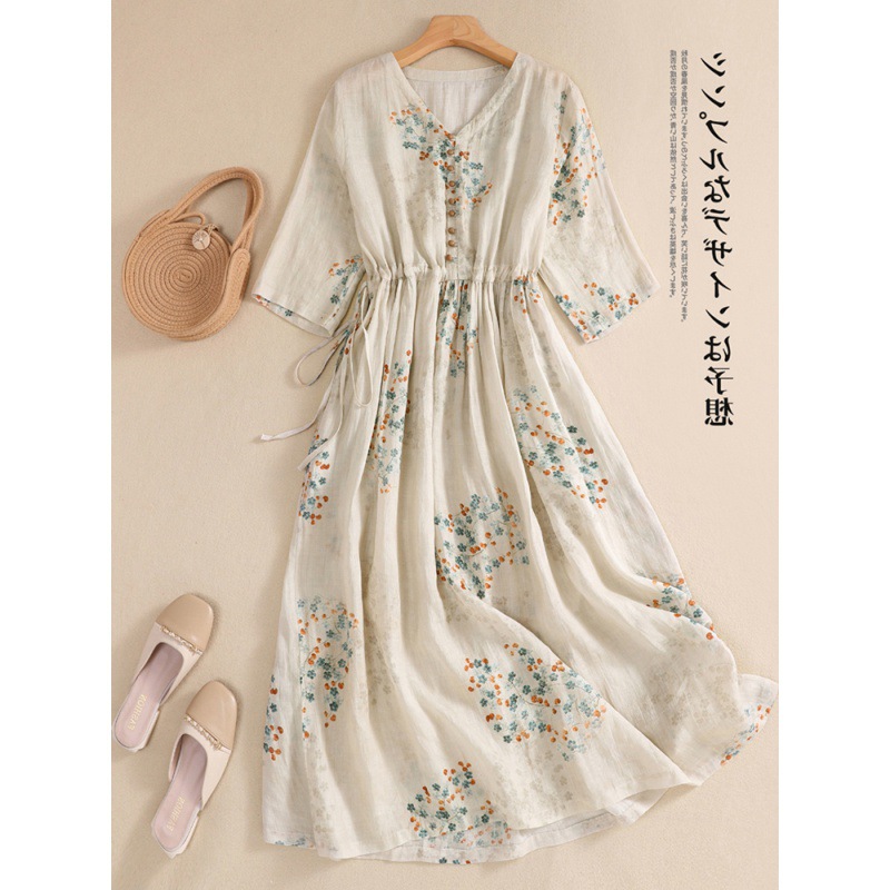 Summer 2024 New Pastoral apricot Printed Crewneck Short Sleeve Waist Dress 5527# Sweet Beach Dress for Women