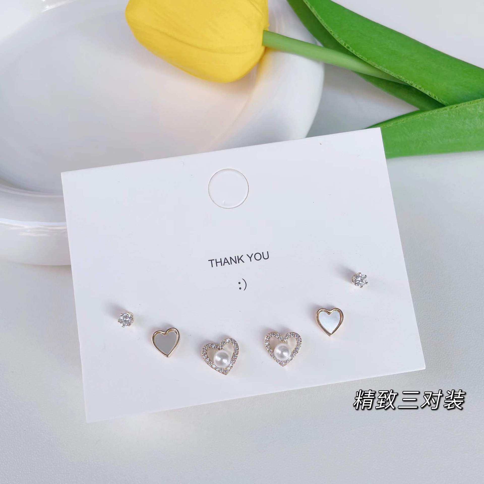 Picture of [Three Pairs] Pearl Love Earrings Set 925 Silver Exquisite Small Earrings Women's Korean Style Design Sense Earrings