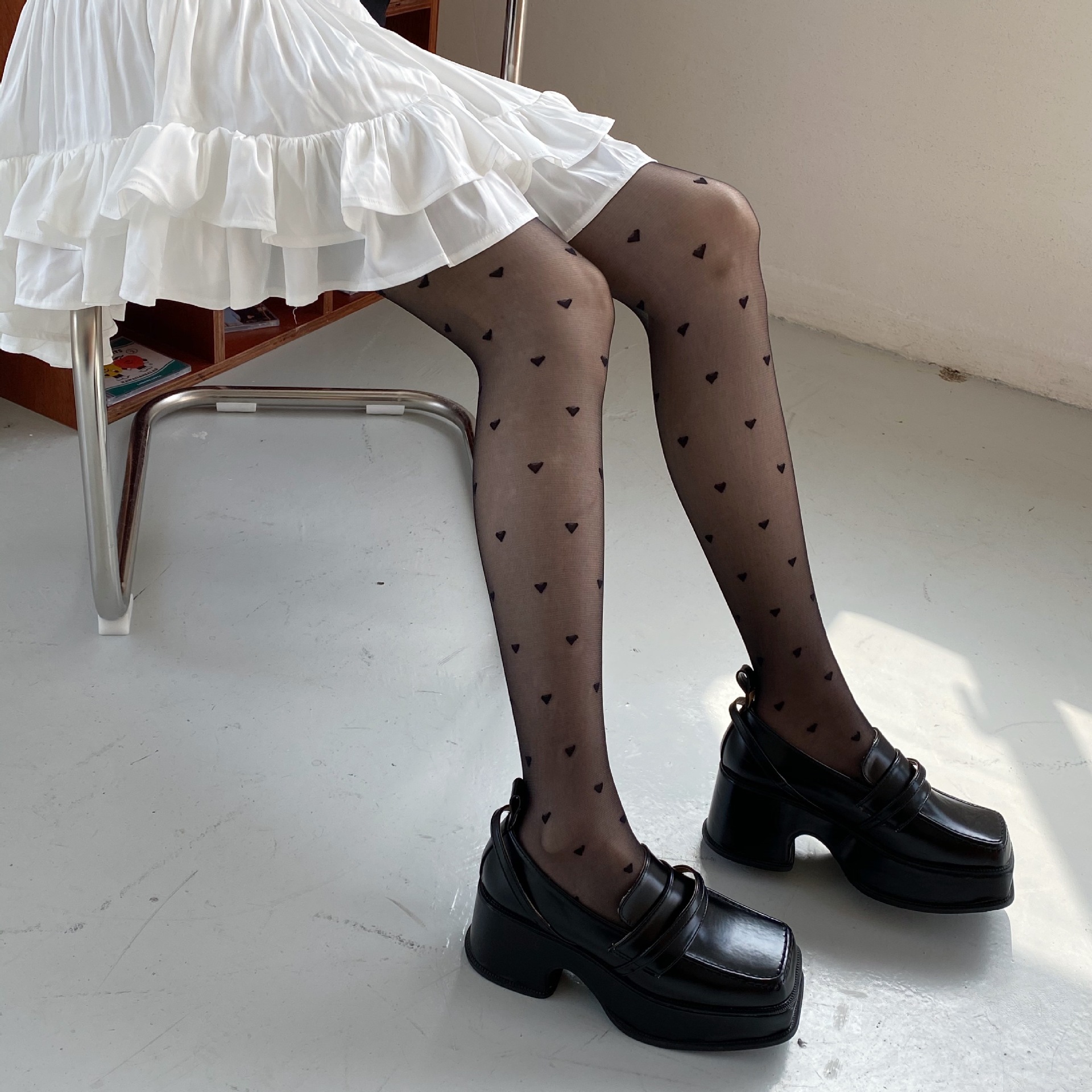 PATTKIN Loving Heart Black Silk Stockings Women's Spring and Autumn Thin Leg Japanese Style Fleshy Bottoming Stockings Pantyhose ins Trendy