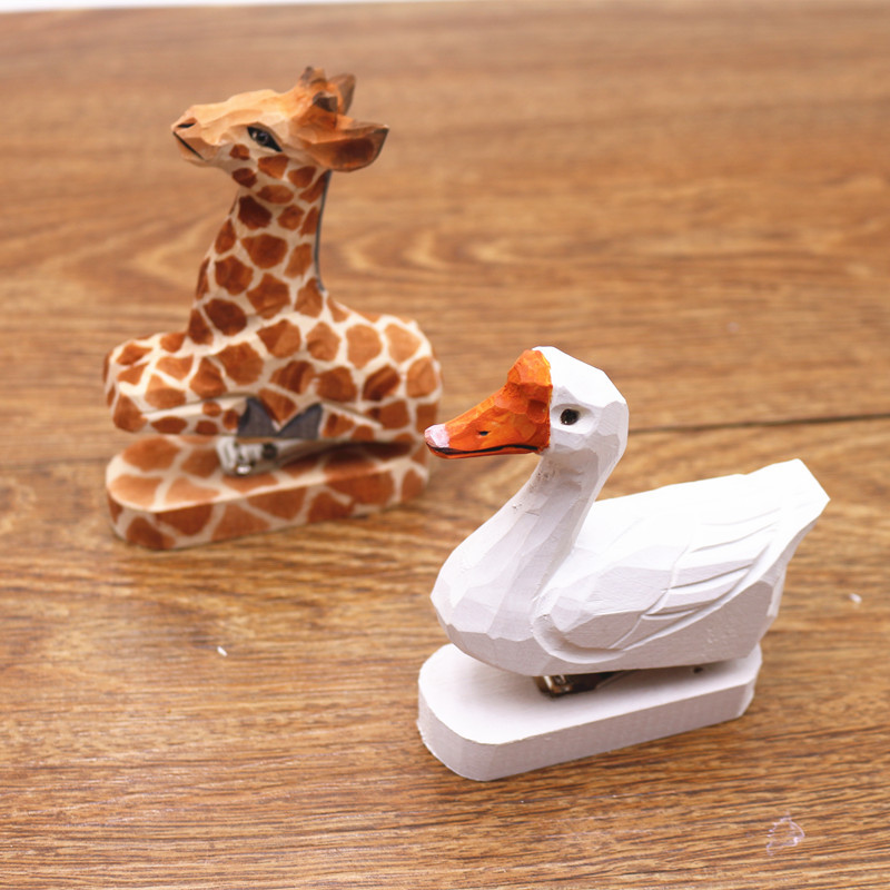 Qingmufan Handmade Wooden Animal Mini Stapler Office Creative Wooden Stationery Log Stapler