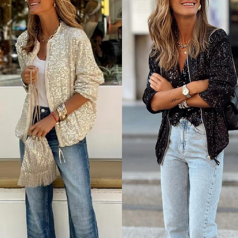 Cross-Border New Women's Cardigan Zipper Sequin Top Fashion Nightclub Temu Amazon Best-Selling Sequin Short Jacket