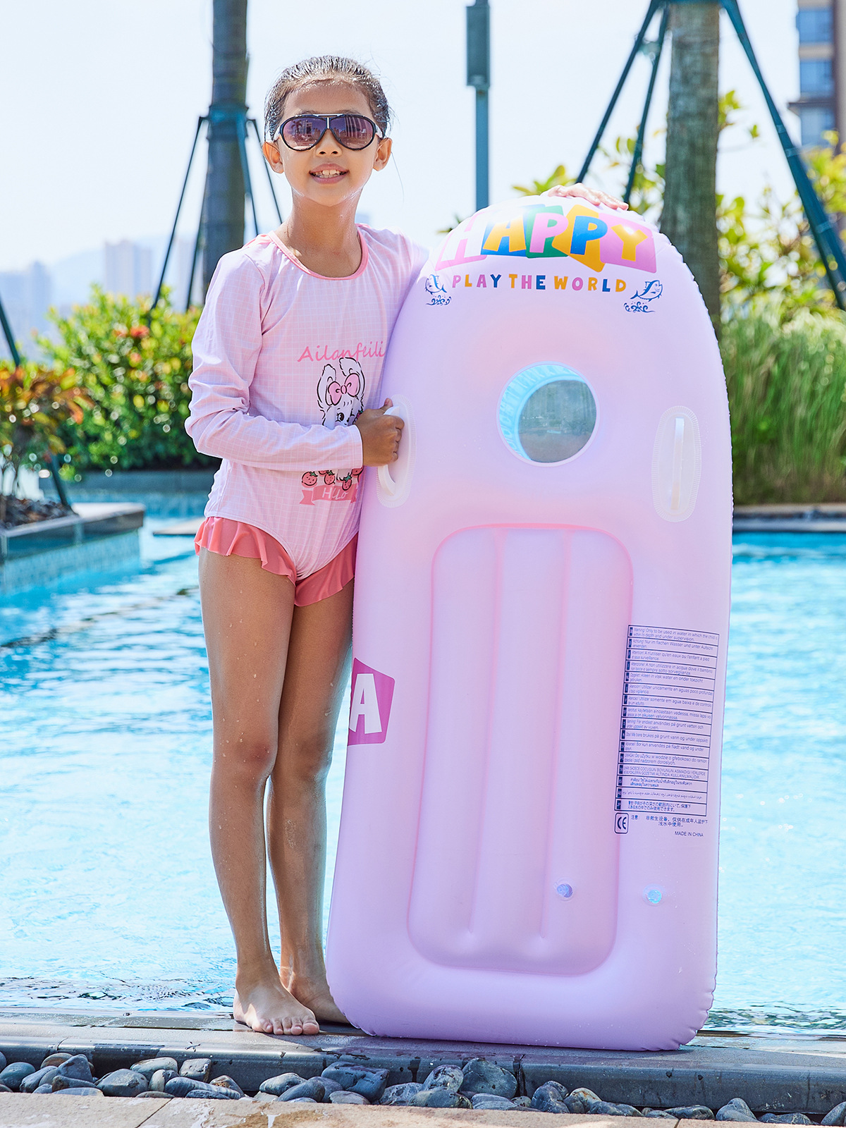 Amazon hot sale with handle children learn swimming floating row inflatable surfboard PVC floating board swimming pool water toys