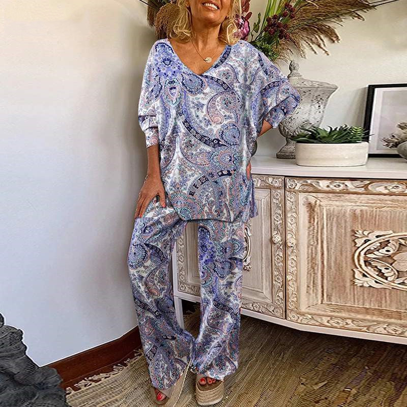 Picture of Floral V-neck Top Elastic Waist Loose Casual Pants Women's Spring suit Elegant Long Sleeve Bohemian Clothing