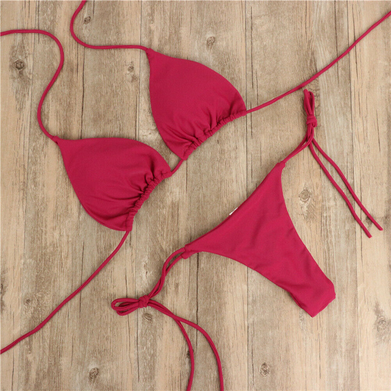 Picture of New European and American Bikini Swimwear Solid Color Foreign Trade Three-Point Sexy Swimsuit Women's Split Adjustable Lace-Up
