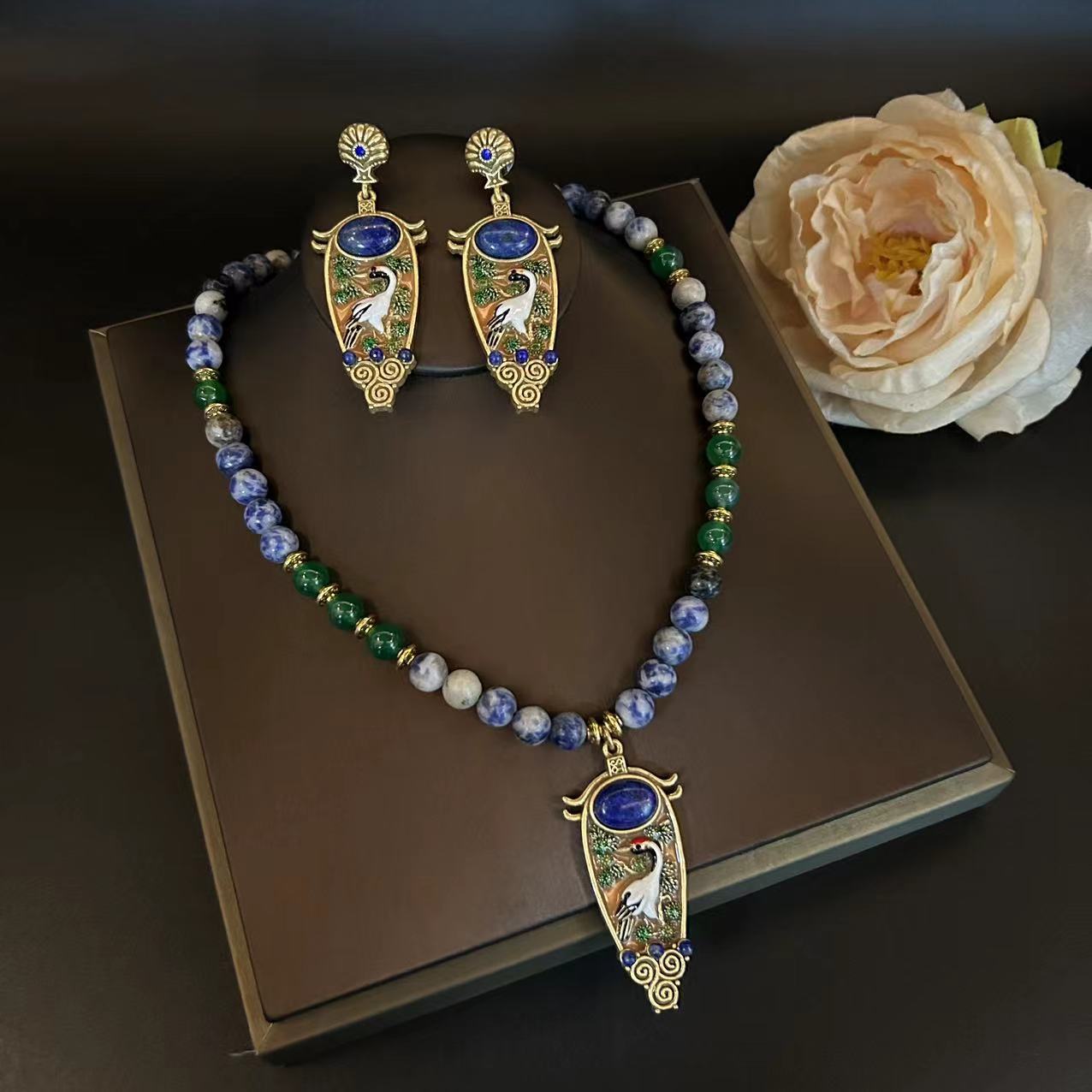 New Chinese Style Ancient Enamel Auspicious Crane Mural Earrings Necklace Retro Lapis Lazuli Glass Earrings suit