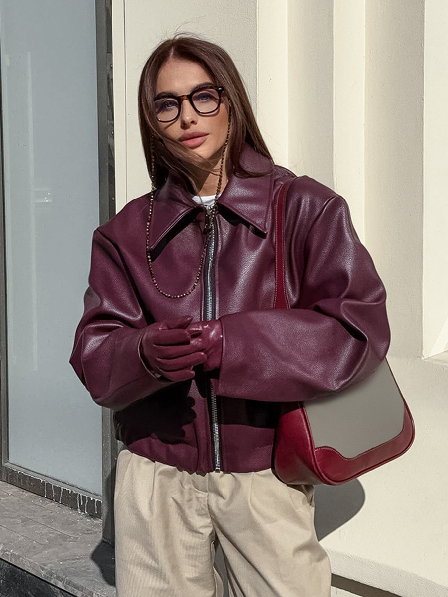 Retro Motorcycle Style Burgundy Leather Jacket for Women 2025 Autum European and American Fashionable Matte Leather Jacket Cross-Border Women's Clothing