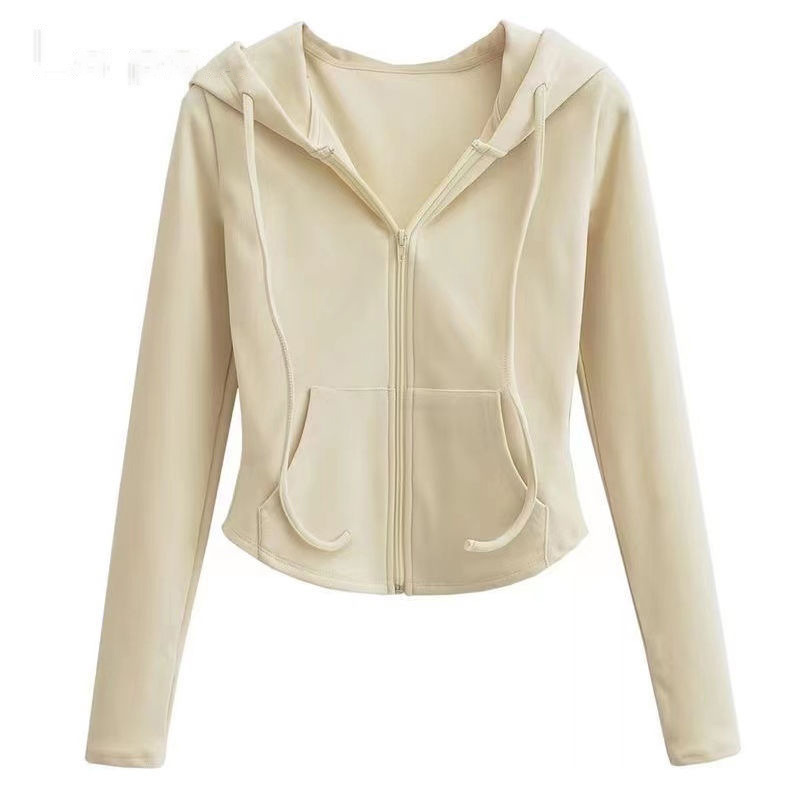 Picture of De velvet hot girl style hooded cardigan sweater coat for women Spring and Autumn slim fit waist slimming long sleeve short top fashion