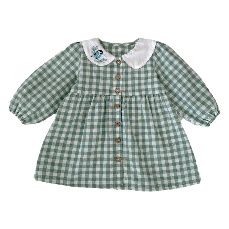 2025 Autumn Infant Baby Girl Magpie Embroidered Doll Collar Plaid Long Sleeve Sweet Skirt Dress