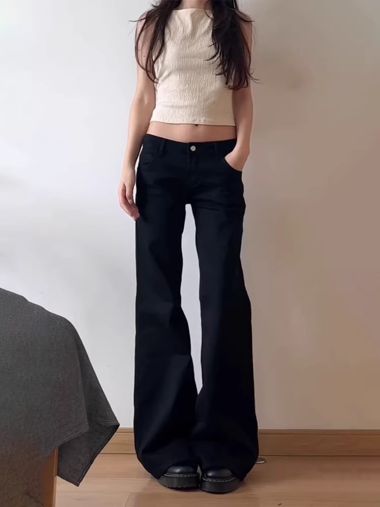 Black Non-Leg-Fitting Micro-Flared Jeans for Women in Summer, Popular American Hot Girl Low-Waist Slimming Straight Pants