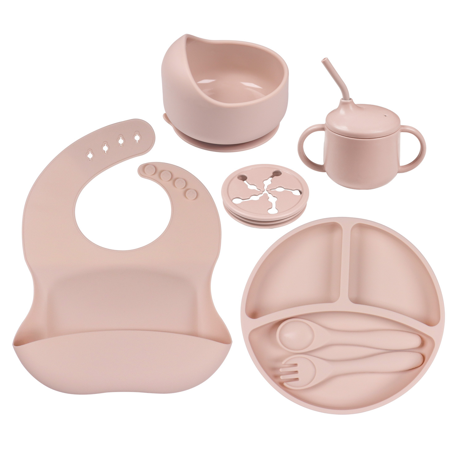 Picture of Cross-border Hot Selling Children's Supplementary Silicone Dinner Plate Bowl Fork Spoon Bib Five Pieces Tableware suit Drop Resistant Dinner Plate suit