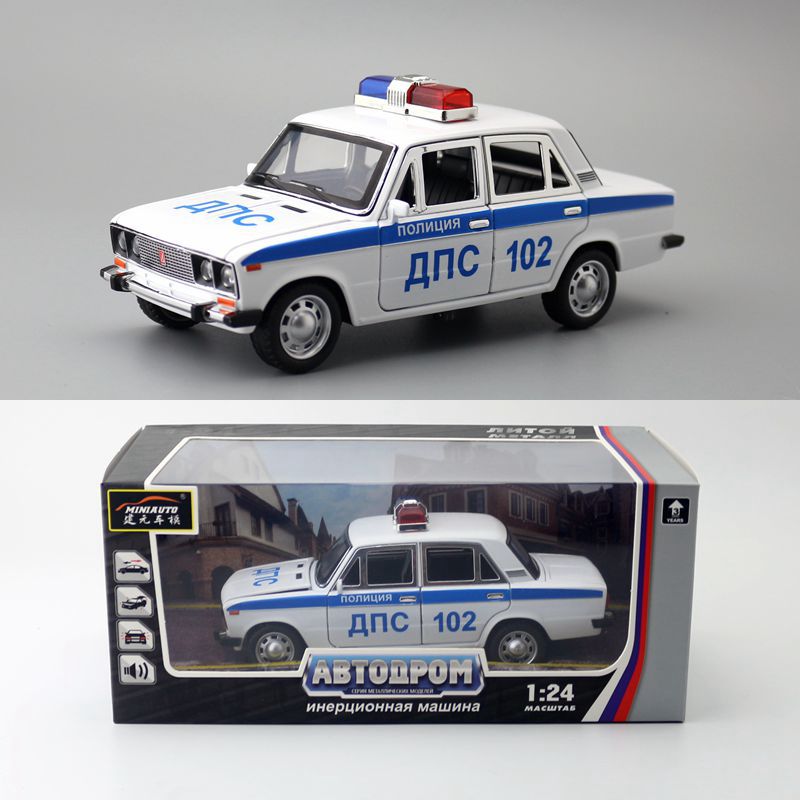 Jianyuan 1:24 Alloy Car Model Simulation Russian LADA LADA 2106 Police Car Toy Sound and Light Pull Back to Open the Door