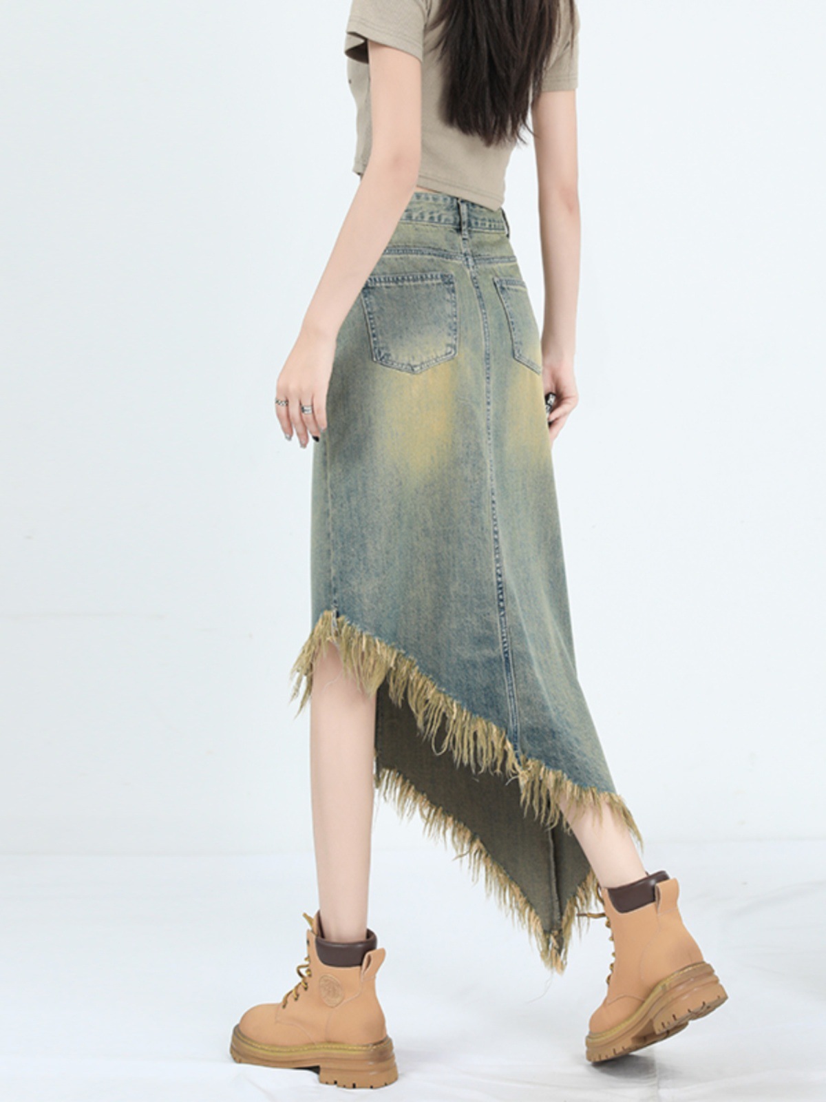 Vintage High Waist A- Line Denim Skirt Skirt Women's Spring and Autumn Irregular Design Long Skirt Small Tassel Skirt