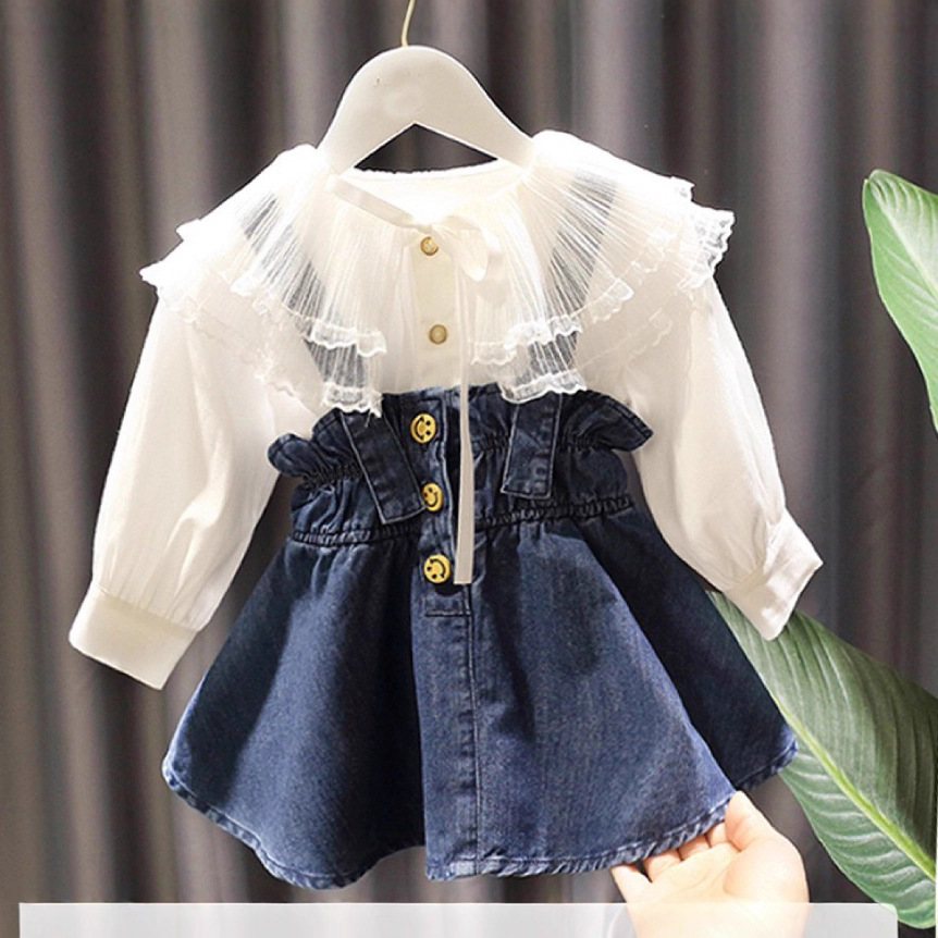 Children's Suit | Little Chanel Girl's Flower Collar Big Shirt Strap Skirt Two-Piece Set YYY64